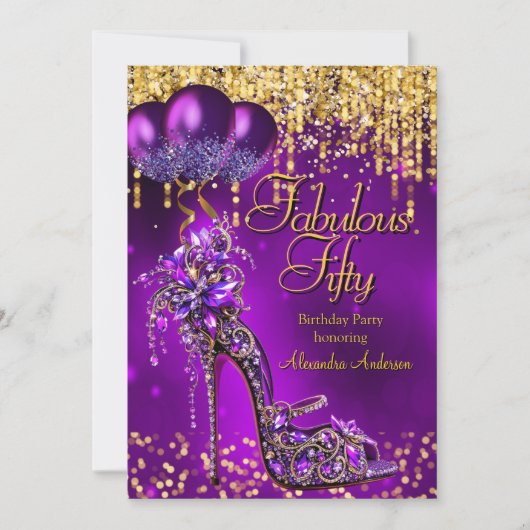Fabulous Fifty Party Paarse Glitter Gold Stiletto Kaart (Voorkant)