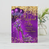 Fabulous Fifty Party Paarse Glitter Gold Stiletto Kaart (Staand voorkant)