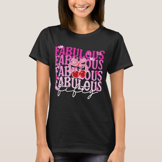 Fabulous Fifty Pink Gradient Cherry Bow Verjaardag T-shirt (Voorkant)