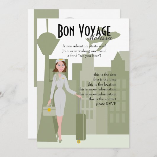 Fabulous Flight Attendant Invitation in Green Kaart (Voorkant / Achterkant)