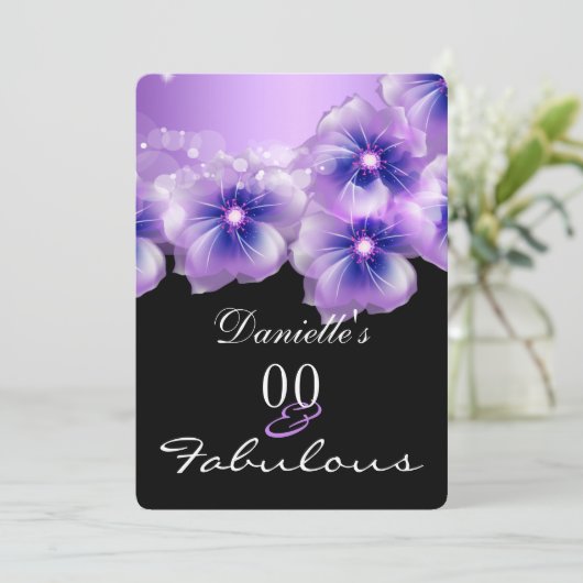 Fabulous Floral Flowers Paars Black Party Kaart (Staand voorkant)