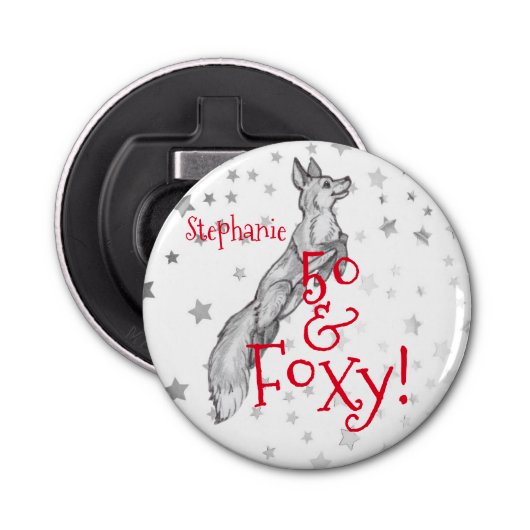 Fabulous Foxy 50th Birthday Black White Fox Button Flesopener (Voorkant)