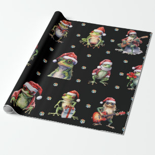 Fabulous Frog Rock Band Kerst Vakantie Zwart Cadeaupapier