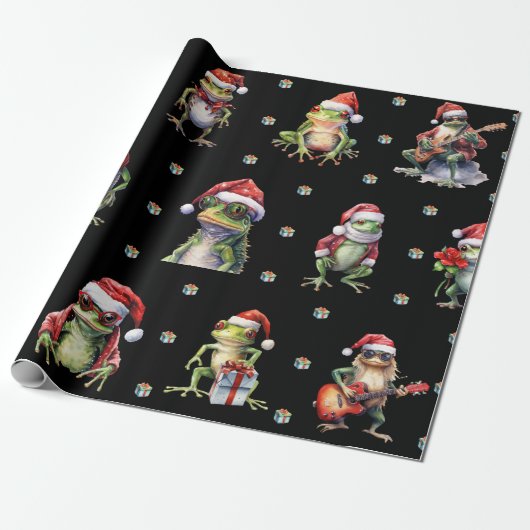 Fabulous Frog Rock Band Kerst Vakantie Zwart Cadeaupapier (Uitgerold)