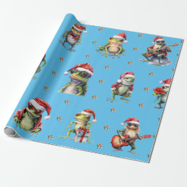 Fabulous Frog Rock Band Kerstvakantie op Blauw Cadeaupapier
