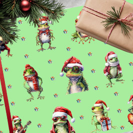 Fabulous Frog Rock Band Kerstvakantie op Groen Cadeaupapier