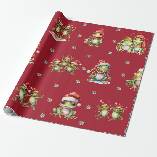 Fabulous Frogs Kerstvakantie op Red Wrapping Cadeaupapier (Uitgerold)