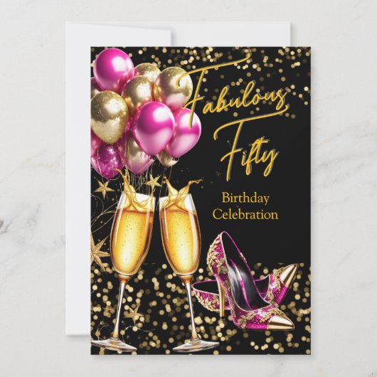 Fabulous Glitter Hot Pink Gouden Hakken Champagne Kaart (Voorkant)