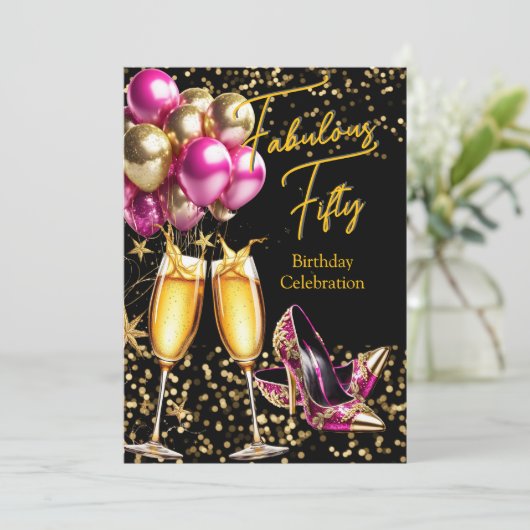 Fabulous Glitter Hot Pink Gouden Hakken Champagne Kaart (Staand voorkant)