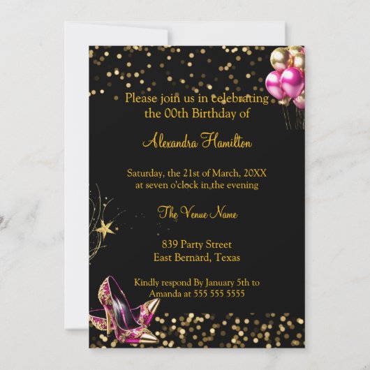 Fabulous Glitter Hot Pink Gouden Hakken Champagne Kaart (Achterkant)