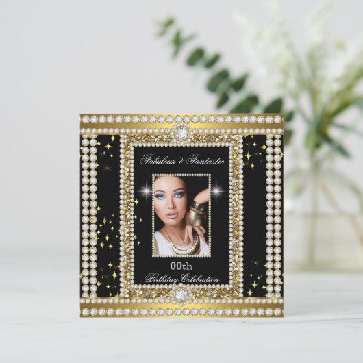 Fabulous Gold Black Glamour Photo Diamond Party Kaart (Staand voorkant)