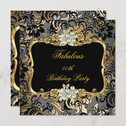 Fabulous Gold Black Grey Pearl Damask Party Kaart (Voorkant / Achterkant)