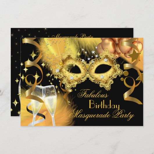 Fabulous Gold Black Masquerade Birthday Party Kaart (Voorkant / Achterkant)