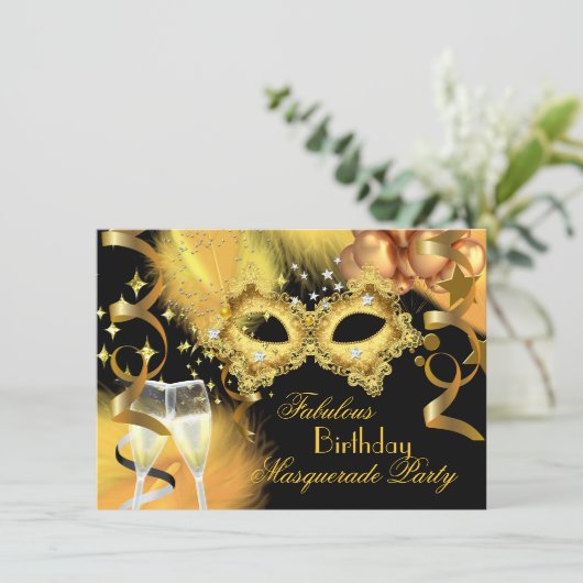 Fabulous Gold Black Masquerade Birthday Party Kaart (Staand voorkant)