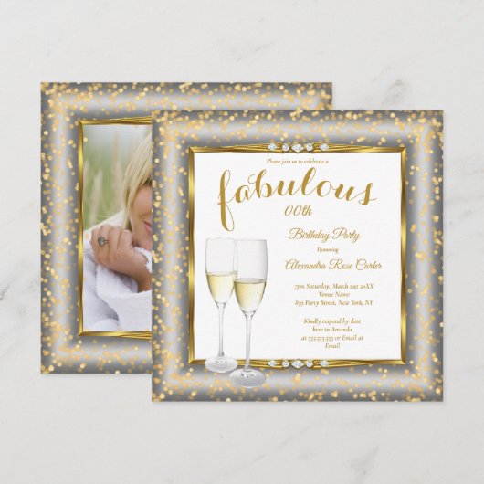 Fabulous Gold Silver Champagne Photo Birthday sq Kaart (Voorkant / Achterkant)