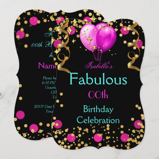 Fabulous Hot Pink Blauwgroen Blue Birthday Party Kaart (Voorkant / Achterkant)