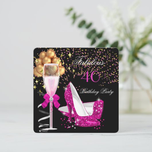Fabulous Hot Pink Heels Gold Black Birthday Party Kaart (Staand voorkant)
