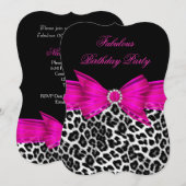 Fabulous Hot Pink Leopard Birthday Party Black 3 Kaart (Voorkant / Achterkant)