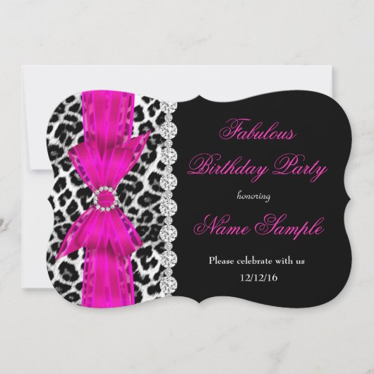 Fabulous Hot Pink Leopard Birthday Party Black Kaart (Voorkant)