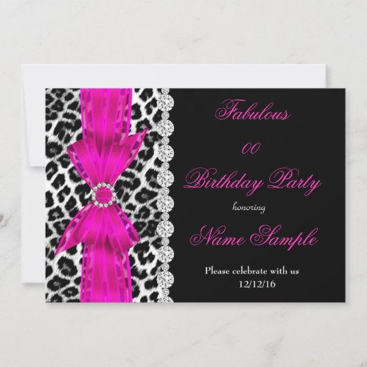 Fabulous Hot Pink Leopard Birthday Party Black Kaart (Voorkant)
