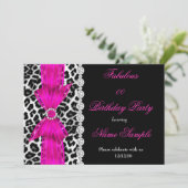 Fabulous Hot Pink Leopard Birthday Party Black Kaart (Staand voorkant)