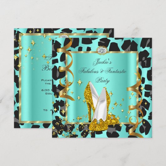 Fabulous Leopard Blauwgroen Yellow Gold Birthday P Kaart (Voorkant / Achterkant)