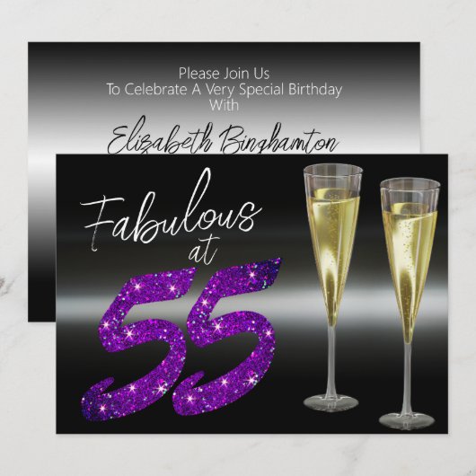 Fabulous op 55 Paarse Glitter Elegant Party Kaart (Voorkant / Achterkant)