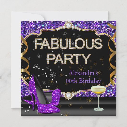 Fabulous Paars Black Glitter Birthday Party Kaart (Voorkant)