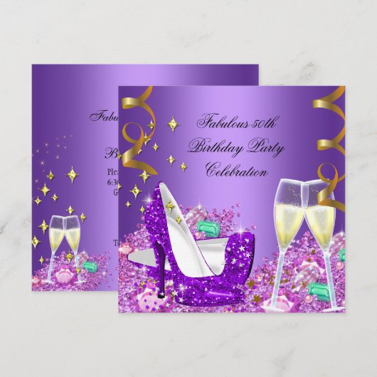 Fabulous Paars Glitter High Heels Champagne Kaart (Voorkant / Achterkant)