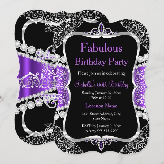 Fabulous Paars Silver Black Party Invitation Kaart (Voorkant / Achterkant)