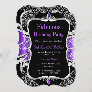 Fabulous Paars Silver Black Party Invitation Kaart
