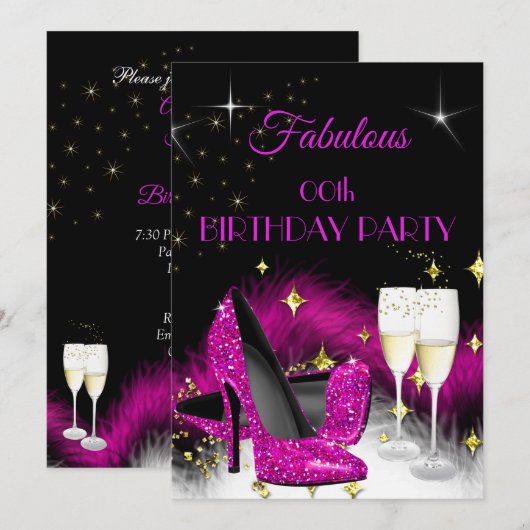 Fabulous Party Glitter Hot Pink Champagne Kaart (Voorkant / Achterkant)