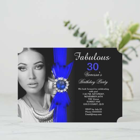 Fabulous Photo Birthday Party Royal Blue Black Kaart (Staand voorkant)