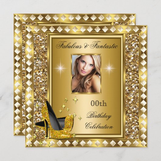 Fabulous Photo Gold Glitz Glam Hollywood Birthday Kaart (Voorkant / Achterkant)