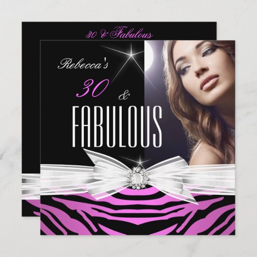 Fabulous Pink Black Zebra 30th Birthday Party Kaart (Voorkant / Achterkant)