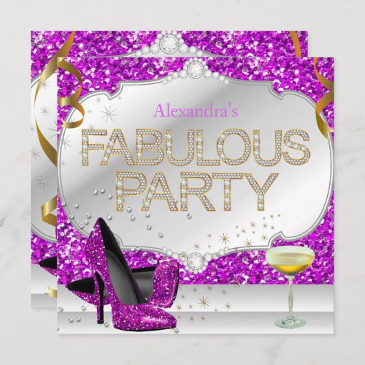 Fabulous Pink Paars Silver Glitter Birthday Party Kaart (Voorkant / Achterkant)