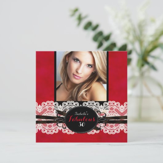 Fabulous Red Black Lace Birthday Party Kaart (Staand voorkant)