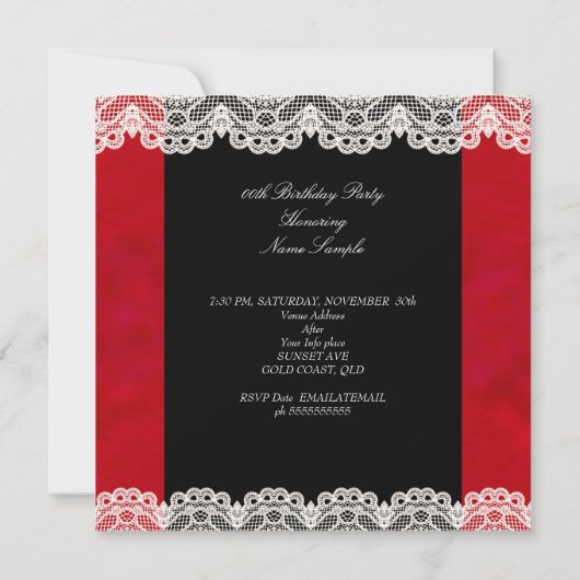 Fabulous Red Black Lace Birthday Party Kaart (Achterkant)