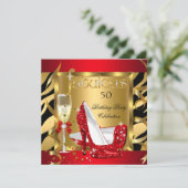 Fabulous Red Glitter Heels Zebra Champagne Party Kaart (Staand voorkant)