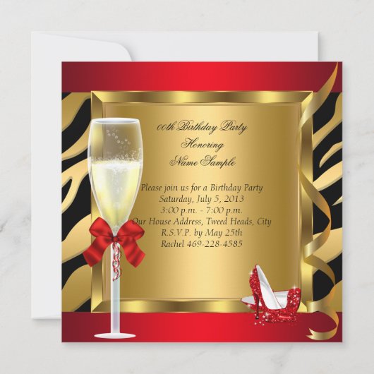 Fabulous Red Glitter Heels Zebra Champagne Party Kaart (Achterkant)