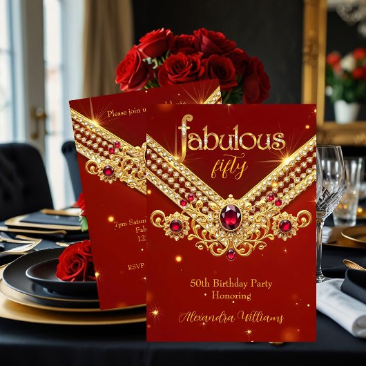 Fabulous Red Gold Diamonds Elegant Birthday Party Kaart