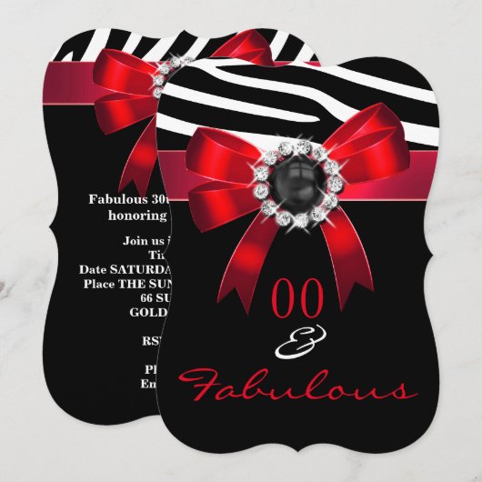 Fabulous Red Zebra Black White Birthday Party Kaart (Voorkant / Achterkant)