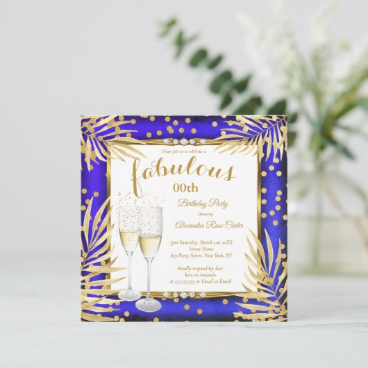 Fabulous Royal Blue Palms Champagne Party Kaart (Staand voorkant)