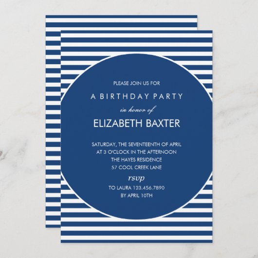 Fabulous Stripes General Party Invitation (blauw) Kaart (Voorkant / Achterkant)