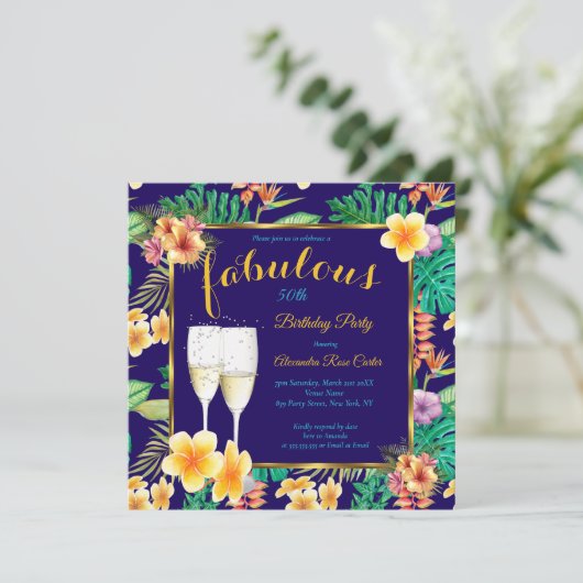 Fabulous Tropical floral blue Champagne Party Kaart (Staand voorkant)