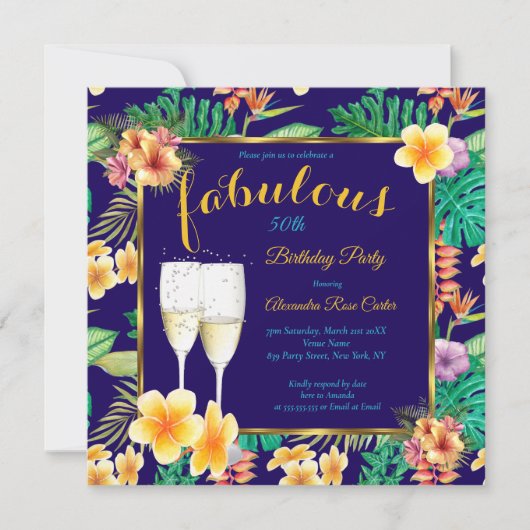 Fabulous Tropical floral blue Champagne Party Kaart (Voorkant)