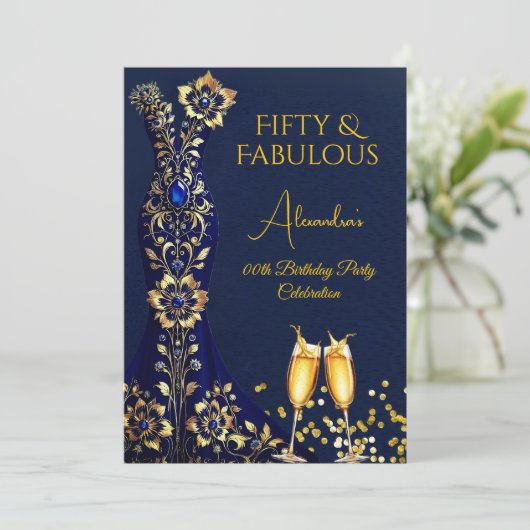 Fabulous Verjaardag Marine Blauw Gouden Jurk Champ Kaart (Staand voorkant)