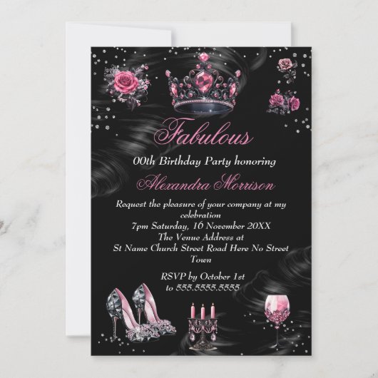 Fabulous verjaardag Roze Zilver Zwart Tiara Hakken Kaart (Voorkant)