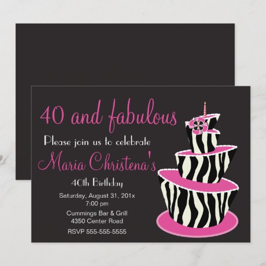 Fabulous Zebra Birthday Party Invitation (roze) Kaart (Voorkant / Achterkant)
