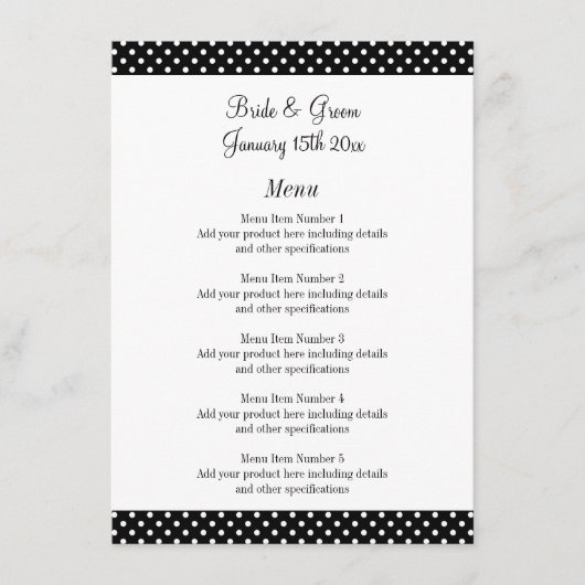 Fabulous zwart-wit polka stippen bruiloft menu (Voorkant)